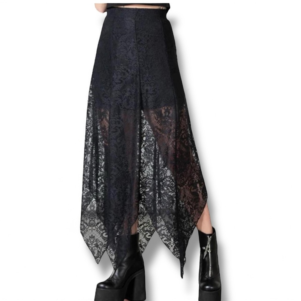 Black Lace Long Asymmetric Maxi Skirt by Killstar - Picture 2 of 3